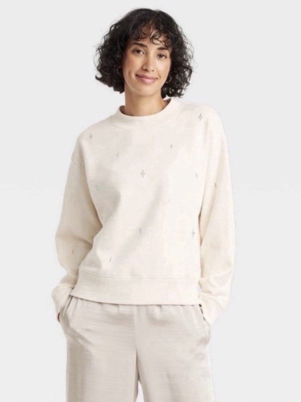 A New Day Women's Embellished Rhinestone Crew Neck Sweatshirt Cream XS